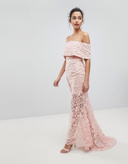 Jarlo All Layered Bardot All Over Embroidered Lace Maxi Dress – nude evening dresses – glamorous off the shoulder dresses - flipped