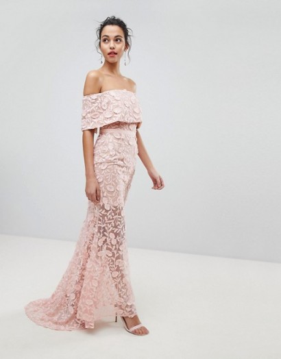 Jarlo All Layered Bardot All Over Embroidered Lace Maxi Dress – nude evening dresses – glamorous off the shoulder dresses