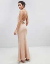 Jarlo High Neck Ruched Open Back Maxi Dress – nude high neck party dresses – long glamorous evening wear