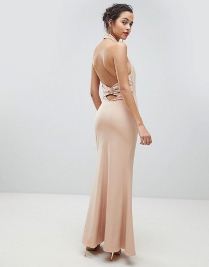 Jarlo High Neck Ruched Open Back Maxi Dress – nude high neck party dresses – long glamorous evening wear - flipped