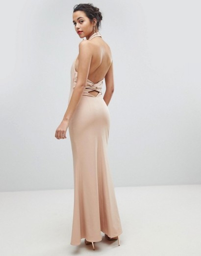 Jarlo High Neck Ruched Open Back Maxi Dress – nude high neck party dresses – long glamorous evening wear