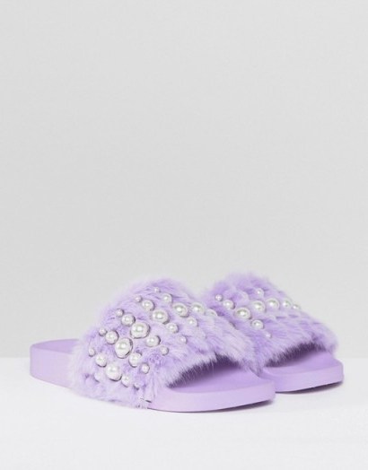 Jeffrey Campbell Studded Faux Fur Slide in lilac – fluffly embellished slides - flipped