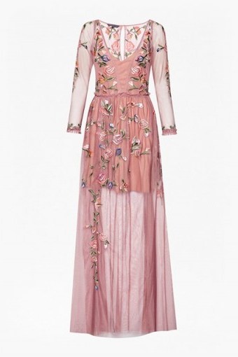 FRENCH CONNECTION KATALINA SHEER MAXI DRESS | rose-pink embroidered dresses - flipped