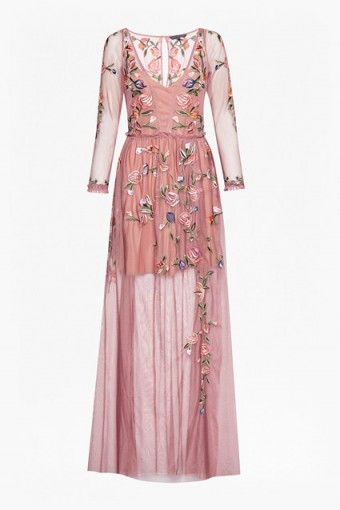 FRENCH CONNECTION KATALINA SHEER MAXI DRESS | rose-pink embroidered dresses