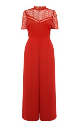 WAREHOUSE LACE AND CREPE JUMPSUIT Bright Red / crop leg jumpsuits - flipped