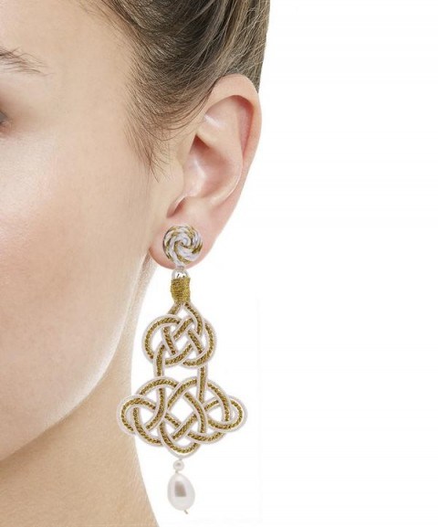 ANNA E ALEX Lamé Silk Passementerie Chandelier Pearl Drop Earrings ~ ornate statement jewellery - flipped