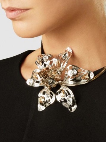 ‎LANVIN‎ Embellished Silver-Tone Flower Necklace – statement floral necklaces - flipped