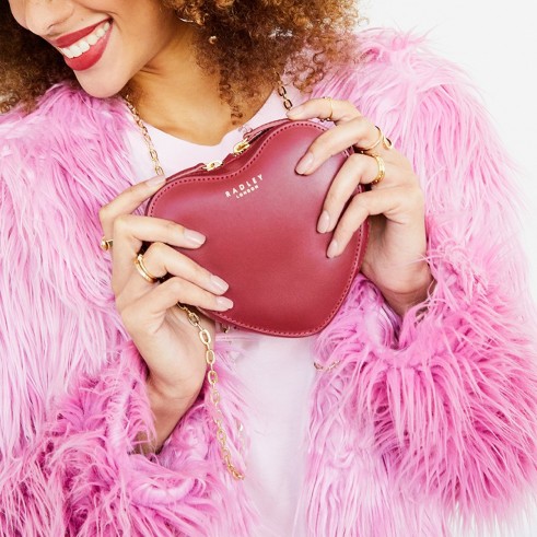 RADLEY LOVE LANE SMALL ZIP-TOP CROSS BODY BAG / berry-red leather heart shaped crossbody bag