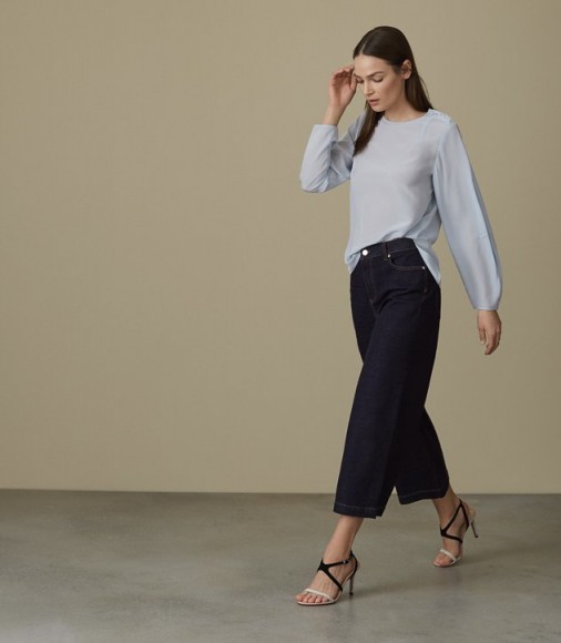 REISS LEE BUTTON-DETAIL SILK BLOUSE BLUE – everyday style essential blouses – silky long sleeve tops