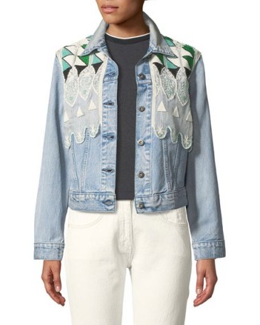 Levi’s Made & Crafted Boyfriend Trucker Denim Jacket w/ Embroidery ~ lace and bead embellished jackets - flipped