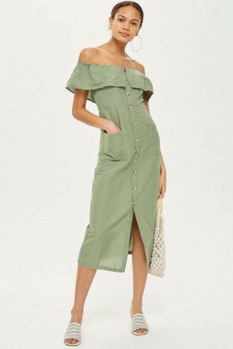Topshop Linen Bardot Midi Dress | 70s style off shoulder sundress | khaki-green spring/summer dresses - flipped