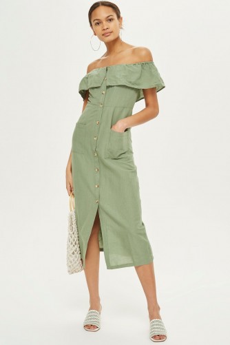 Topshop Linen Bardot Midi Dress | 70s style off shoulder sundress | khaki-green spring/summer dresses
