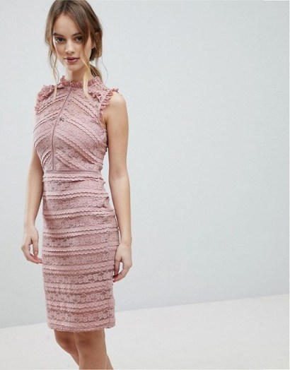 Lipsy Allover Lace Dress with Ruffle Detail – sleeveless pink dresses - flipped