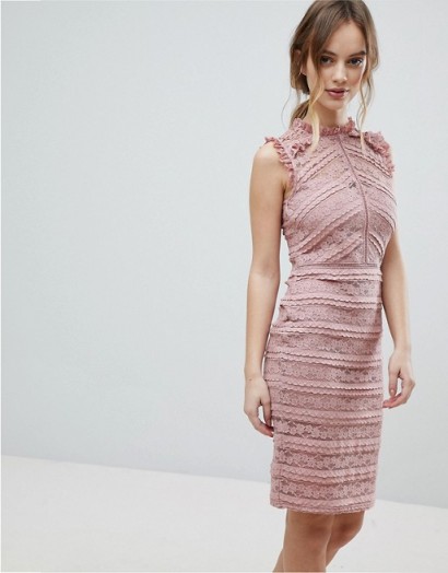 Lipsy Allover Lace Dress with Ruffle Detail – sleeveless pink dresses