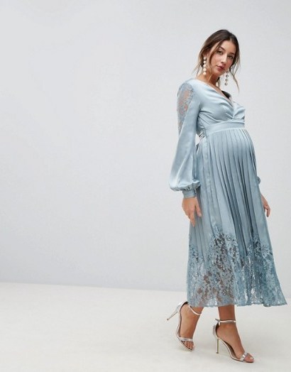 Little Mistress Maternity Wrap Front Midi Dress With Lace Pleated Skirt in Cornflower – blue pregnancy occasion dresses - flipped