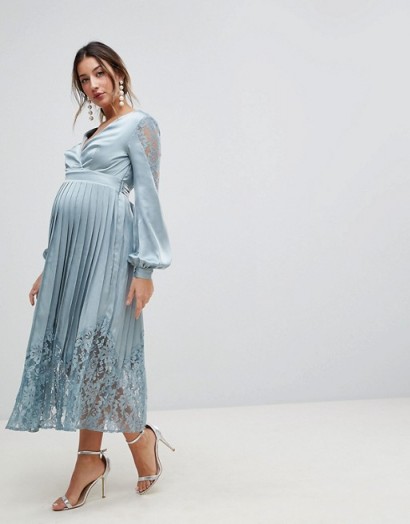 Little Mistress Maternity Wrap Front Midi Dress With Lace Pleated Skirt in Cornflower – blue pregnancy occasion dresses