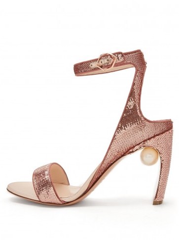 NICHOLAS KIRKWOOD Lola faux-pearl pink sequin-embellished sandals ~ metallic heels - flipped