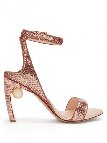 NICHOLAS KIRKWOOD Lola faux-pearl pink sequin-embellished sandals ~ metallic heels
