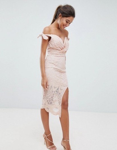 Love Triangle Bardot Tie Detail Lace Dress – nude fitted off the shoulder bodycon – front slit party dresses - flipped