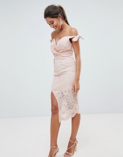 Love Triangle Bardot Tie Detail Lace Dress – nude fitted off the shoulder bodycon – front slit party dresses