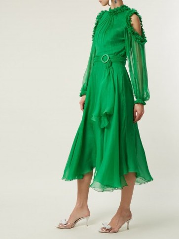 MARIA LUCIA HOHAN Maira ruffle-trimmed silk-mousseline dress ~ floaty emerald-green cold shoulder dresses - flipped