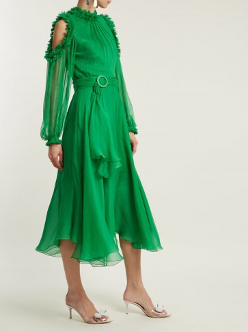 MARIA LUCIA HOHAN Maira ruffle-trimmed silk-mousseline dress ~ floaty emerald-green cold shoulder dresses