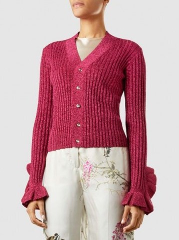 MARCO DE VINCENZO‎ Embellished Metallic Cotton-Blend Cardigan ~ pink ruffled cuff cardigans - flipped
