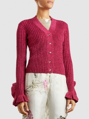 MARCO DE VINCENZO‎ Embellished Metallic Cotton-Blend Cardigan ~ pink ruffled cuff cardigans