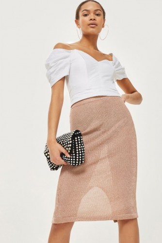 Topshop Metallic Yarn Midi Skirt | pink knit pencil skirts - flipped