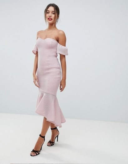 Missguided Bardot Bodycon Midi Dress – dusty pink frill hem dresses - flipped