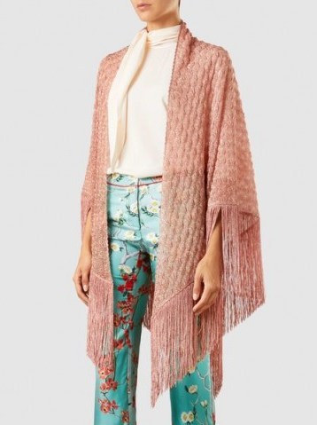 ‎MISSONI‎ Metallic-Pink Crochet-Knit Shawl ~ luxe fringed shawls - flipped