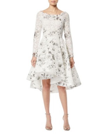 Monique Lhuillier Bateau-Neck Long-Sleeve Shadow-Print Floral-Lace Cocktail Dress ~ white fit and flare dresses - flipped