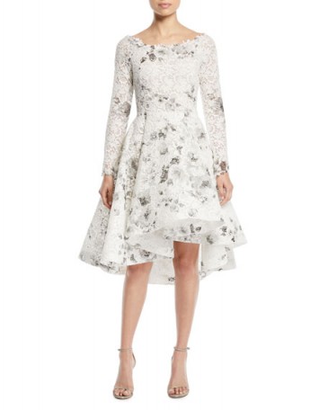 Monique Lhuillier Bateau-Neck Long-Sleeve Shadow-Print Floral-Lace Cocktail Dress ~ white fit and flare dresses