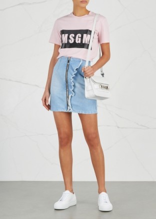 MSGM Blur ruffled-trimmed denim skirt ~ ligh-blue asymmetric ruffle skirts