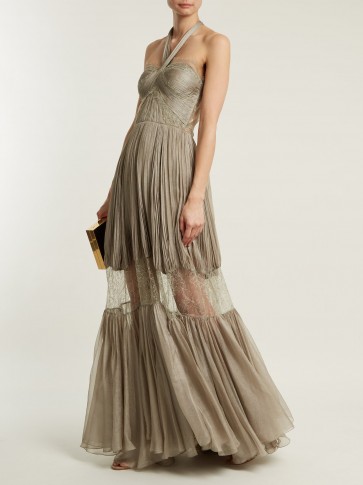 MARIA LUCIA HOHAN Nerisse metallic khaki-green pleated-silk and lace dress – sheer panel halter gowns ~ long luxe event dresses