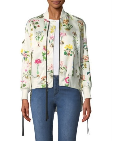 No. 21 Floral-Print Satin Bomber Jacket ~ silky white jackets - flipped