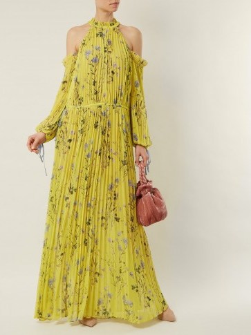 SELF-PORTRAIT Off-shoulder yellow floral-print pleated dress ~ long cold shoulder dresses - flipped