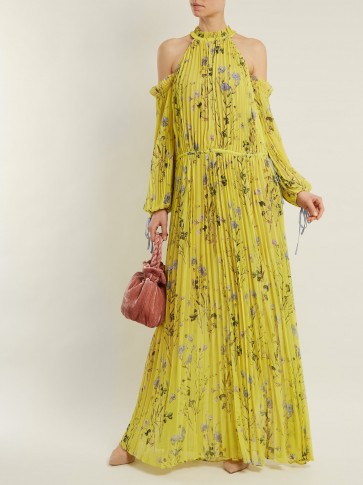 SELF-PORTRAIT Off-shoulder yellow floral-print pleated dress ~ long cold shoulder dresses