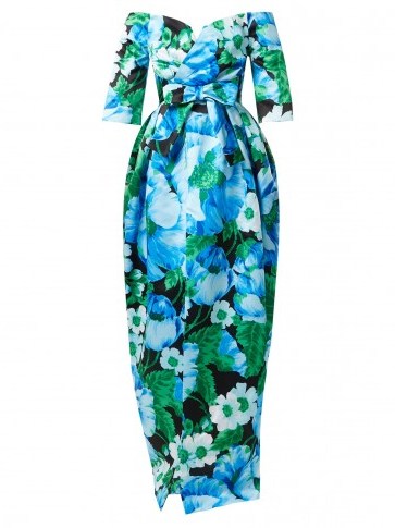 RICHARD QUINN Off-the-shoulder floral-print duchess-satin gown ~ vintage style bardot gowns ~ bold blue flower prints - flipped