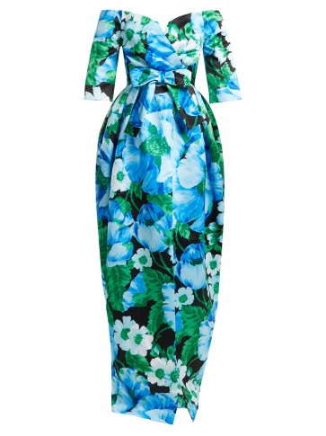 RICHARD QUINN Off-the-shoulder floral-print duchess-satin gown ~ vintage style bardot gowns ~ bold blue flower prints