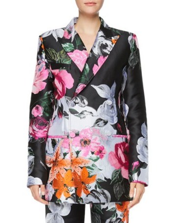 Off-White Floral-Jacquard Double-Breasted Jacket – as worn by Kendall Jenner, with matching trousers, out in New York, 11 February 2018. Celebrity suits | models jackets - flipped