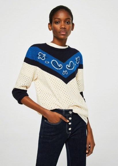 MANGO Open work-detail embroidered sweater in ecru BANDIT | textured round neck jumpers - flipped