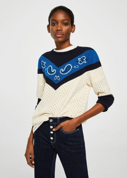 MANGO Open work-detail embroidered sweater in ecru BANDIT | textured round neck jumpers