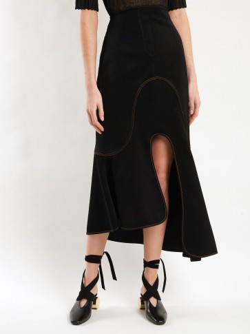 ELLERY Orbit high-rise crepe-back satin midi skirt ~ asymmetric fluted hem skirts