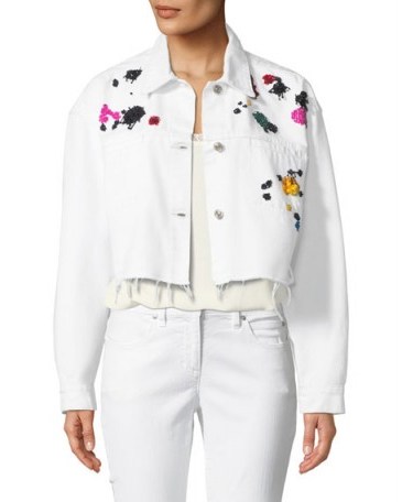Oscar de la Renta Splatter-Embroidered Denim Jacket ~ frayed white cropped jackets - flipped