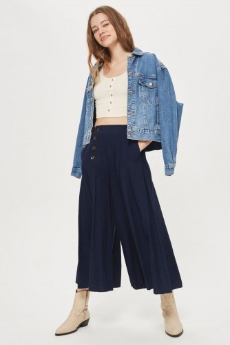 Topshop Palazzo Trousers | navy cropped pleated pants - flipped