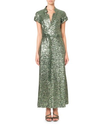 Pascal Millet Short-Sleeve Notched-Collar Sequin Wrap Evening Gown ~ metallic-green event dresses - flipped