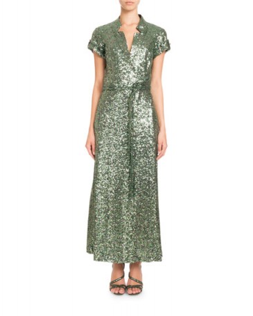 Pascal Millet Short-Sleeve Notched-Collar Sequin Wrap Evening Gown ~ metallic-green event dresses
