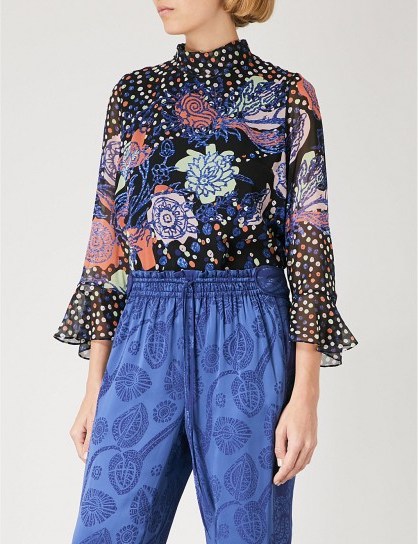 PETER PILOTTO Dot and floral-pattern high-neck silk top ~ fluted sleeve tops - flipped