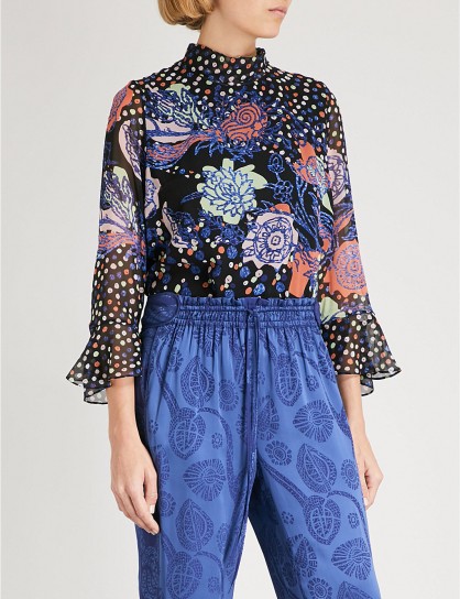 PETER PILOTTO Dot and floral-pattern high-neck silk top ~ fluted sleeve tops
